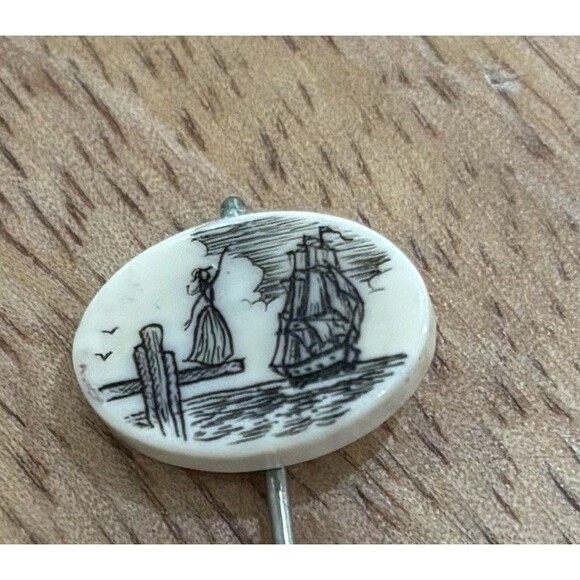 VINTAGE SCRIMSHAW SHIP & LADY ON DOCK STICK PIN 2 1/2” - Picture 2 of 4